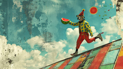 smilling clown walks along the edge of the roof. Surreal art collage. Party banner