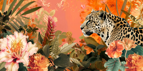 Exotic plant, flower and animals. Art collage. Jungle  banner
