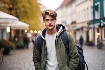 Fototapeta premium Portrait of a handsome young man walking in the street with backpack