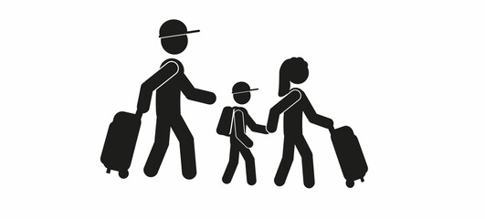 tourism icon, pictogram of people with luggage - suitcases, backpacks. Icons of travelers, a family goes on a trip, on vacation.