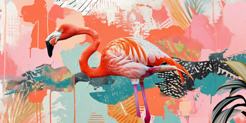 Pop art collage. Pink flaminoin the jungle. Wildlife concept