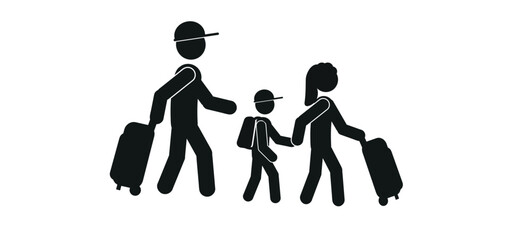 A vector icon of tourism, a pictogram of people with luggage - suitcases, backpacks. Icons of travelers, a family goes on a trip, on vacation.
