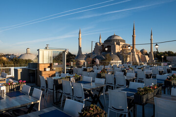 View of Hagia Sophia from a rooftop terrace restaurant in Istanbul, Turkey. Initially a 6th-century...