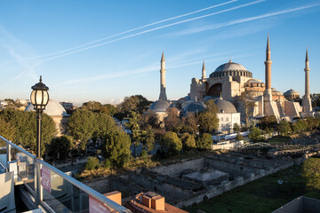 View of Hagia Sophia from a rooftop terrace restaurant in Istanbul, Turkey. Initially a 6th-century...