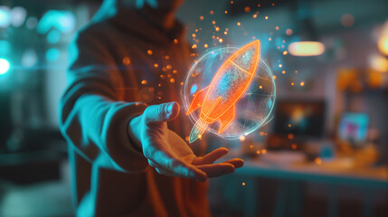 An innovative entrepreneur presents a holographic rocket with glowing sparks on a blurred office background