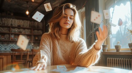 A young woman tells fortunes with cards, the tarot levitates around her, fortune telling. Witchcraft and magic in the modern world