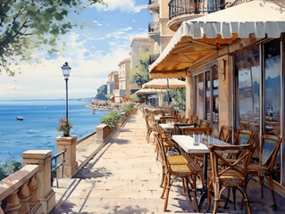 Outdoor cafe on a street, coffee with food on table for lunch, on the seaside promenade 