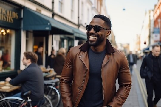 Portrait of a happy african american man wearing sunglasses and jacket walking in the city