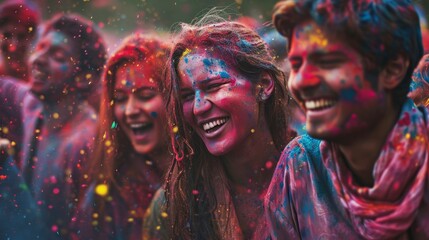 colorful festival, people celebrating, vibrant colors, splashing paint, joyful moment, outdoor event