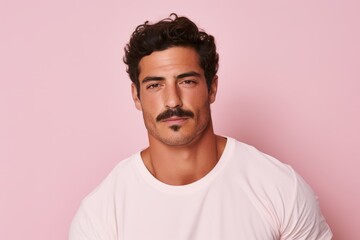 Obraz premium Portrait of handsome young man in white t-shirt, looking at camera and smiling, standing against pink background