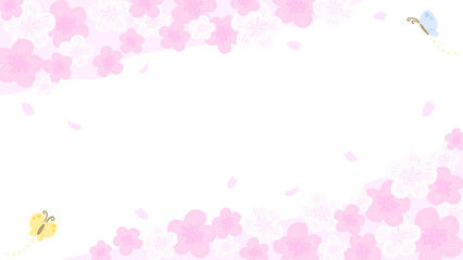 Sakura and butterfly background frame inspired by spring, stylish hand-drawn illustration / 春をイメージしたさくらとちょうちょの背景フレーム、おしゃれな手描きイラスト