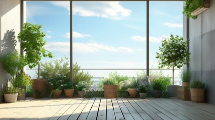 Empty outdoor roof terrace with potted plants in minimal style By colnihko