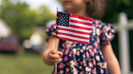 child-holding-american-flag,floral-dress,outdoor-setting,patriotic-moment,green-background