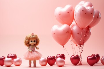 Golden and pink heart shaped balloons and cute doll on a soft pink background with copy space