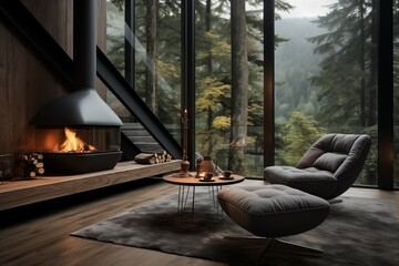 Modern interior concept with forest view 