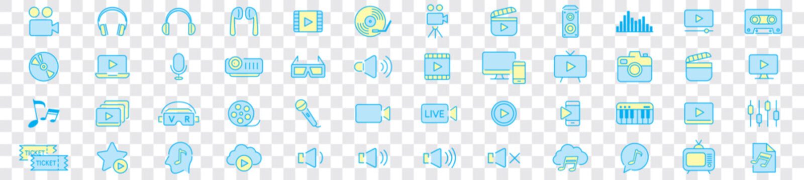 Video line icon set. camera, movie, video, music, cinema, audio, play, pause, media, content, live, production, player, collection vector