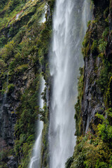 Milford Sound's cascading waterfall, a breathtaking spectacle amidst lush greenery. Majestic, serene, iconic, scenic, Fiordland, nature, New Zealand.