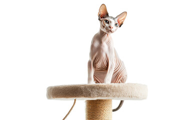 Sphynx hairless cat siting on a cat tower, isolated on transparent background.