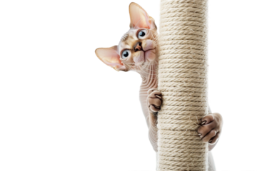Sphynx cat sharpening claws on a scratching post, isolated on transparent background.