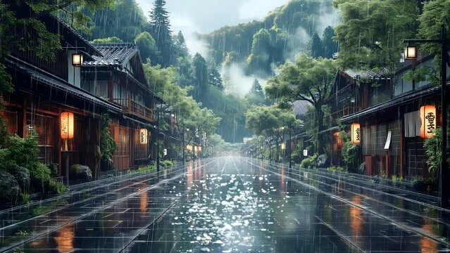 Rain and fog during rainy season in the countryside. seamless looping 4k time-lapse animation video background