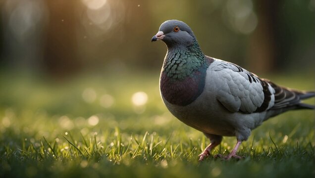 High-quality image, 8K, magical forest, close-up of an ordinary pigeon standing on green grass, warm and pleasant soft lighting, amazing sun, amazing depth of field, high detail, perfect accuracy, per