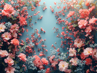 Fototapeta na wymiar Pink flowers over the blue wall background. Backdrop with copy space.Ai 