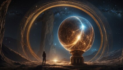 In a mesmerizingly surreal fashion photograph, an enigmatic alien artifact pulsates with an otherworldly luminescence. The main subject, depicted in striking detail, appears to be a metallic orb with  - obrazy, fototapety, plakaty