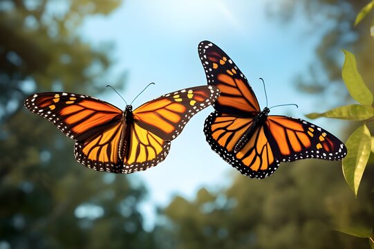 A pair of monarch butterflies in mid-flight, their wings a delicate display of orange and black.