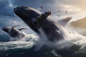 A group of humpback whales breaching the surface of the ocean in unison.