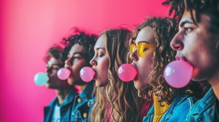 Obraz na płótnie Canvas Youthful Friends Blowing Bubblegum Bubbles Against Vibrant Pink Background