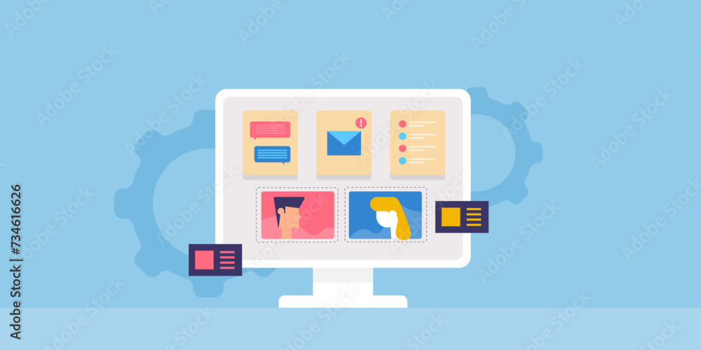 Poster virtual team management software app on computer screen, business communication technology concept, 