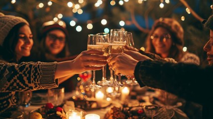 Joyous Friends Toasting with Champagne at an Outdoor Evening Gathering - obrazy, fototapety, plakaty