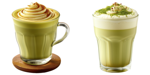 Green matcha latte with whipped cream in glass isolated on transparent background