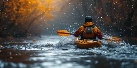 Fototapeten Whitewater kayaking, extreme sport rafting. Guy in kayak sails mountain river.Sport Man is kayaking with spray paddle splashes. Summer day, travel concept.Ai  © Impress Designers