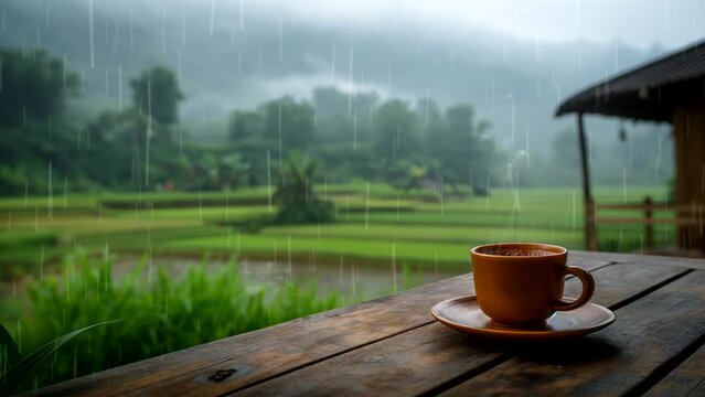a cup of coffee with view of green rice fields during the rain. seamless looping 4k time-lapse animation video background