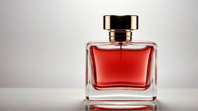 An elegant modern looking glass light red perfume bottle on plain white background from Generative AI