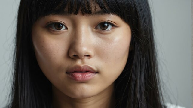 Close up of bangs of a beautiful young asian woman with black hair on plain white background from Generative AI