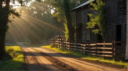 Country dirt road and on side of farm landscape at sunset from Generative AI