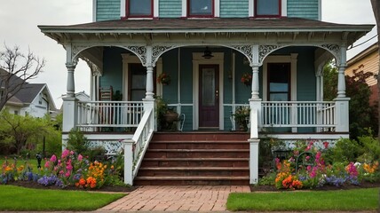 Fototapeta na wymiar Victorian-era porch with stairs to old house with colorful spring flowers and garden landscaping from Generative AI