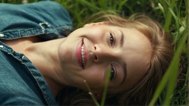 A happy smiling beautiful young woman lying in the summer green grass, top view from Generative AI