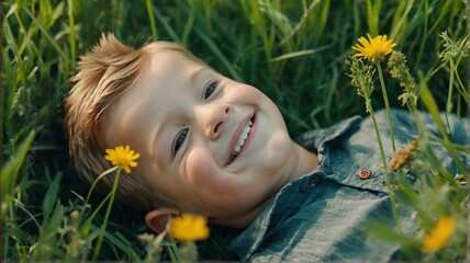A happy smiling kid boy lying in the summer green grass, top view from Generative AI
