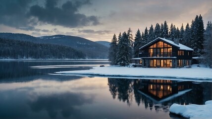 A house on the lake side on a snowy ice cold winter from Generative AI