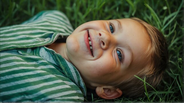 A happy smiling kid boy lying in the summer green grass, top view from Generative AI