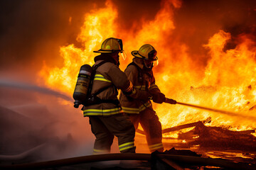 Naklejka premium Brave Firefighters Battling Intense Blaze with Water Hose. Emergency Response and Courage Concept