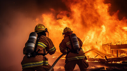Fototapeta premium Brave Firefighters Battling Intense Blaze with Water Hose. Emergency Response and Courage Concept