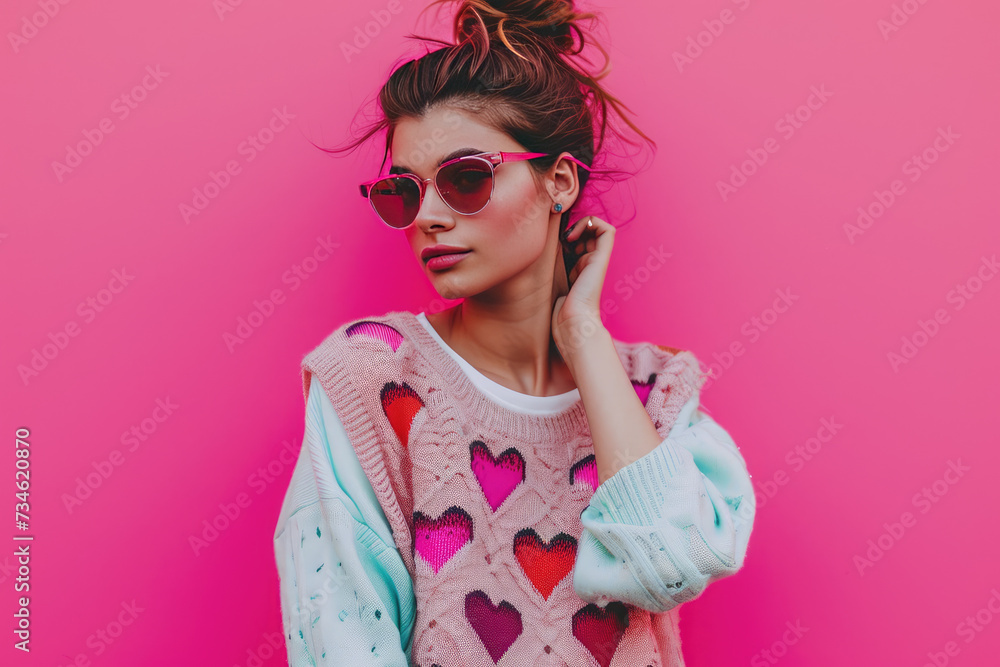 Wall mural A stylish woman wearing a sweater vest adorned with hearts, posing in front of a vibrant pink background. - Wall murals