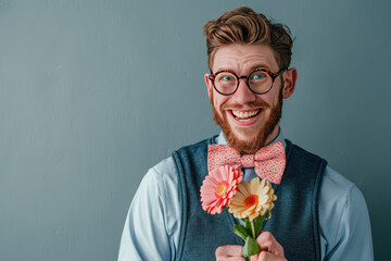 A whimsical IT enthusiast, donned in a bow tie, blue sweater vest, and horn-rimmed glasses, joyfully makes a goofy expression while extending a flower to a special someone.Copy space. - obrazy, fototapety, plakaty