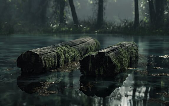 Ark bog oak logs in water, covered with moss, light reflections in water, partial transparency of water. Dark hardwood for the manufacture of luxury wood products.