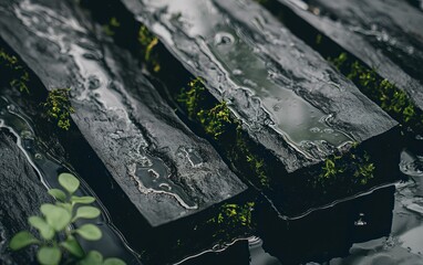 Ark bog oak logs in water, covered with moss, light reflections in water, partial transparency of water. Dark hardwood for the manufacture of luxury wood products.