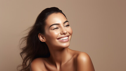 Radiant Beauty Portrait of a Smiling Young Woman with Flawless Skin. Health and Skincare Concept